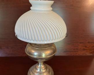Rayo oil lamp with nickel toned base and white swirl ribbed shade 20" tall