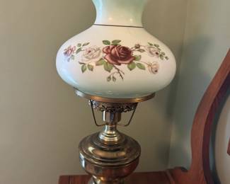 Brass lamp with painted glass shade