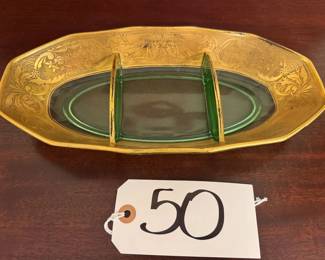 Green depression divided oval bowl with decorative gold design - glows