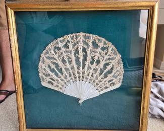 Mother of pearl lace folding fan in shadow box frame