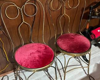 Total of ten ice cream parlor chairs with red velvet upholstered seats