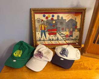 Vtg Baseball hats, Framed Clown Art