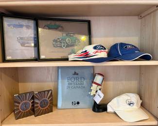 Ford Baseball Hats, Vtg Auto Framed Photos, Red Mercury Boat Motor Model