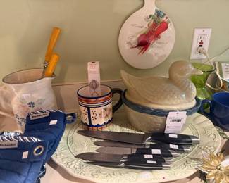 Ceramic Pitcher, KitchenAid Oven Mitts, Serving Platter, Stoneware Duck on Nest