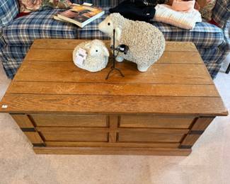 Wooden Chest, (A) Textured Popcorn Sheep Sculpture, (B) Textured Popcorn Sheep Sculpture