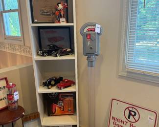 Model Cars, White Shelf, Vintage Parking Meter Bank