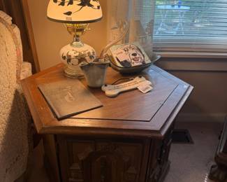 Wooden Nightstand, Antique Lamp