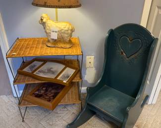 Wooden Chair, Ceramic Sheep Table Lamp