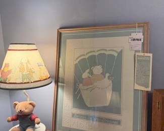 Vtg Teddy Bear Lamp, Signed Elizabeth Brownd Serigraph