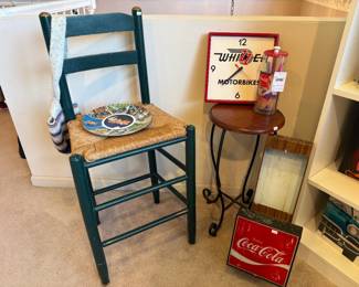 Wooden Chair, Women's Purse, Coca-Cola Straw Dispenser, Wooden Side Table