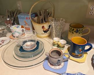 Pottery Mugs, Egg Holders, Crystal Vase, Hen Metal Bucket, Silverware