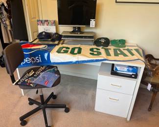 Rolling Chair, White Desk, Michigan State Hats, Gateway Monitor Stand Keyboard, Detroit Tigers Memorabilia