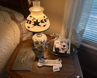 Porcelain Bone Sign, Antique Lamp, Bearded Collie Dog by Pumpkin Tile