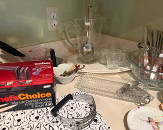 Hand Masher, Glass Pitcher, Silverware