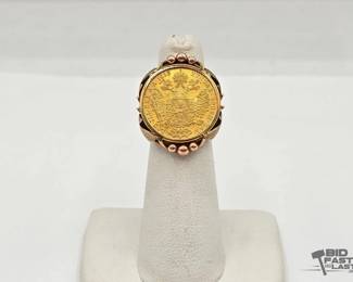553  1915 Austrian 1 Ducant Coin with 14kt Gold Ring Setting, 7.1g