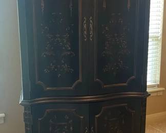 Solid Wood HandPainted ArmoireTV Cabinet Elaborate Floral Details And Classic Curved Molding
