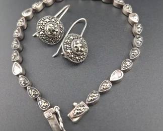 Vintage Sterling And Marcasite Teardrop Bracelet And Earrings