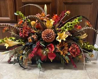 Silk FlowerFeather Fall Decor Arrangement In Pressed Metal Pot