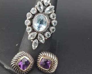 Sterling Gemstone Ring Size 6.5 And Earrings W585 Gold Detail