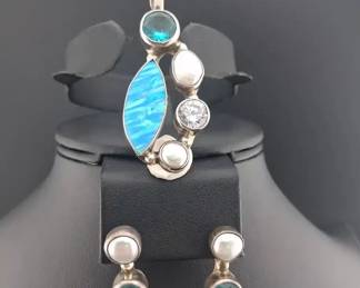 Sterling Pearl And Stone Medley Pendant With Earrings