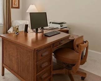 antique oak desk & vintage leather office chair 