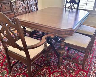 antique dining table with 6 chairs
