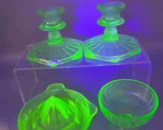Uranium Glass Candle Hilder Juicer And Footed Bowl