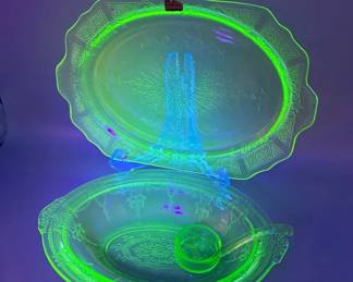 Uranium Glass Oval Dish With Ladle And Small Platter