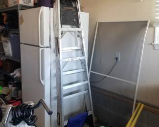 Garage fridge; owner keeping stepladder