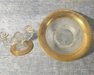 Vintage Art Deco Gilded Candlestick And Bowl 1930s