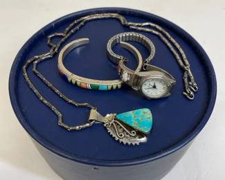 Vintage Peterson Johnson Navajo Sterling Necklace, Sterling Silver Mexican Bracelet And Inlay Watch