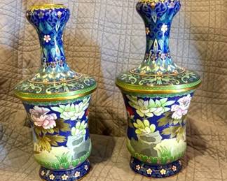 Stunning Pair of Cloisenne Vases With Flowers And Birds