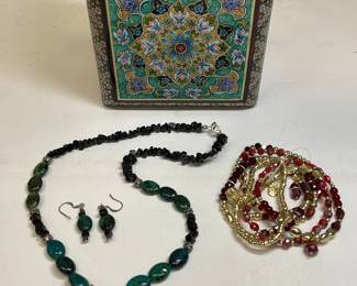 Possibly Black Onyx Teardrop Necklace, Matching Earrings, Jewelry Box And Bracelets