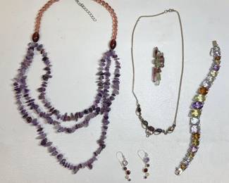Sterling Silver Multigem Bracelet, Earrings, Amethyst, Garnet And More