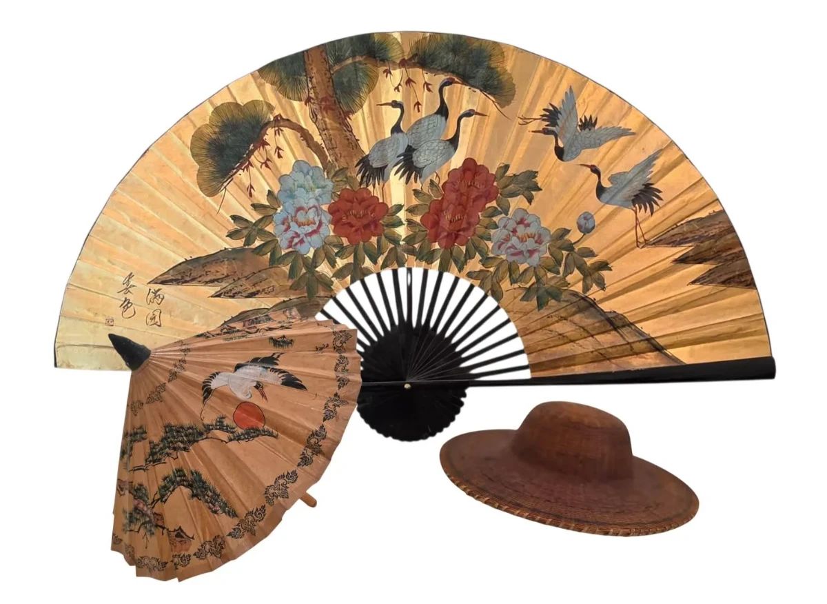 001 Vintage Asian Decor Lot 66 Giant Wall Fan, 32 Bamboo Paper Parasol, Authentic Woven Straw Hat