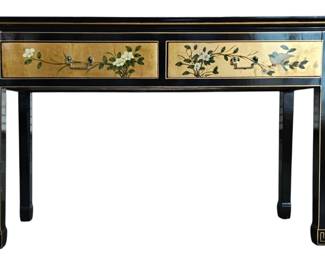 MidCentury Asian Chinoiserie 2Drawer Entryway Table with HandPainted Gilt Scene