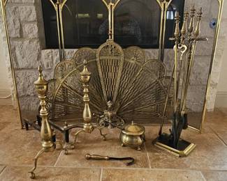 Vintage 11Piece BrassPlated Fireplace Accessory Set with Solid Bronze Handles