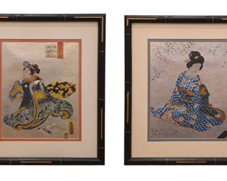 Matched Pair Vintage Japanese Geisha Foil Art Prints
