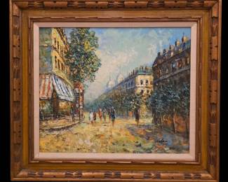 MidCentury Impressionist Paris Street Scene Framed Oil on Canvas
