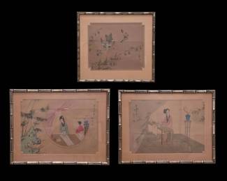 Vintage MidCentury Chinese Silk Paintings Set of 3 Custom FauxBamboo Framed Chinoiserie Art