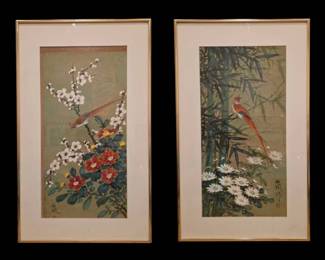 MidCentury East Asian Bird Flower SilkCork Paintings Framed Pair