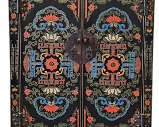 Vintage Chinoiserie Black Lacquer Accent Cabinet with HandPainted Polychrome Florals
