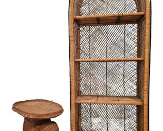Vintage Boho Rattan Wicker Arched Etagere Shelf Whimsical Elephant Side Table