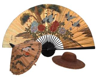 001 Vintage Asian Decor Lot 66 Giant Wall Fan, 32 Bamboo Paper Parasol, Authentic Woven Straw Hat