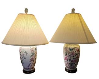Vintage Chinoiserie Floral Ceramic Ginger Jar Table Lamps Matching Pair