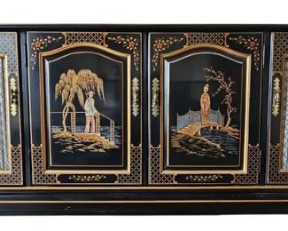 003 Vintage Chinoiserie Black Lacquer Credenza Buffet Cabinet HandPainted Gold Details