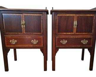 Pair of Hickory Chair Co. Historical James River Plantations Inlaid Flame Mahogany Nightstands