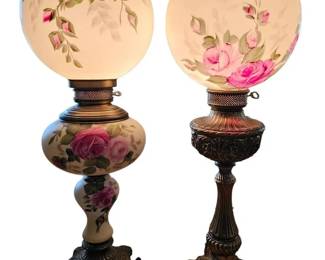 Vintage 1970s LL WMC Gone With The Wind Parlor Lamps Floral Rose Matching Globes