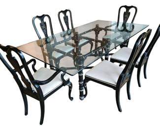 Vintage Chinoiserie Black Lacquer Faux Bamboo Dining Set 7 Pieces