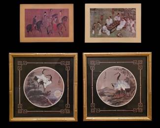 Four Vintage Chinese Framed Art Pieces Cape Craftsmen Cranes Taiwan Prints